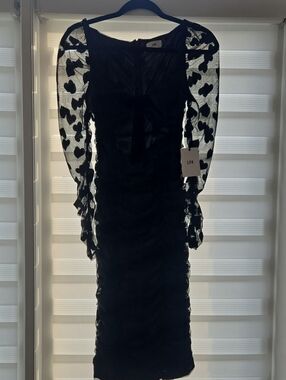 LPA Black Sheer Heart-Sleeve Ruched Midi Dress